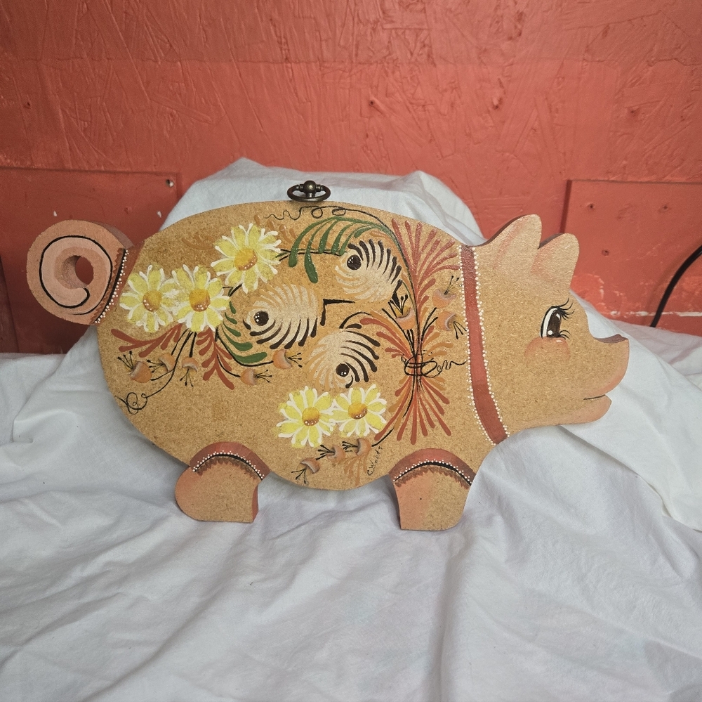 VTG Pig Wall Hanging Hand Painted Grannycore Cottagecore Wood Laminate Farmhouse